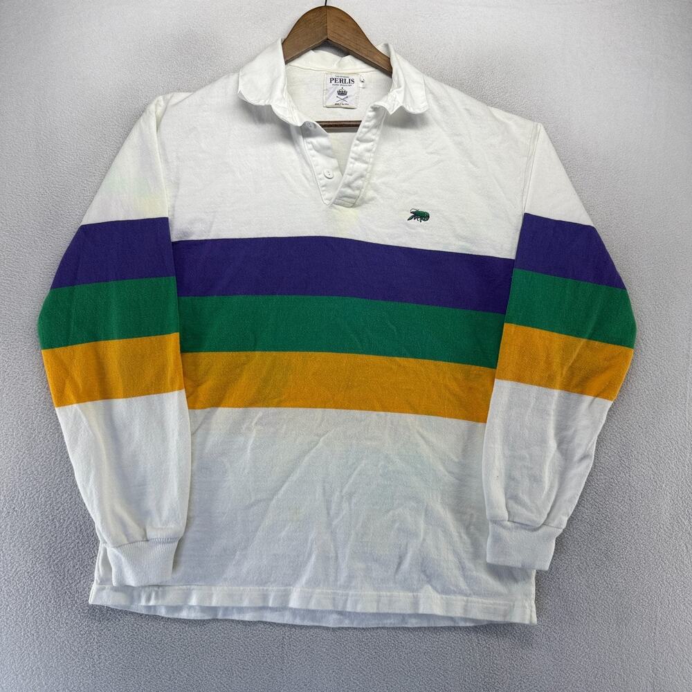 Vintage perlis Rugby Shirt men's medium White Madri Gras Made In USA Striped 90s